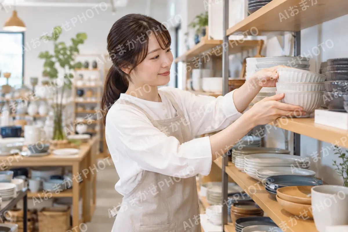 器を棚にならべる店員（食器・キッチン用品の写真 No.30）