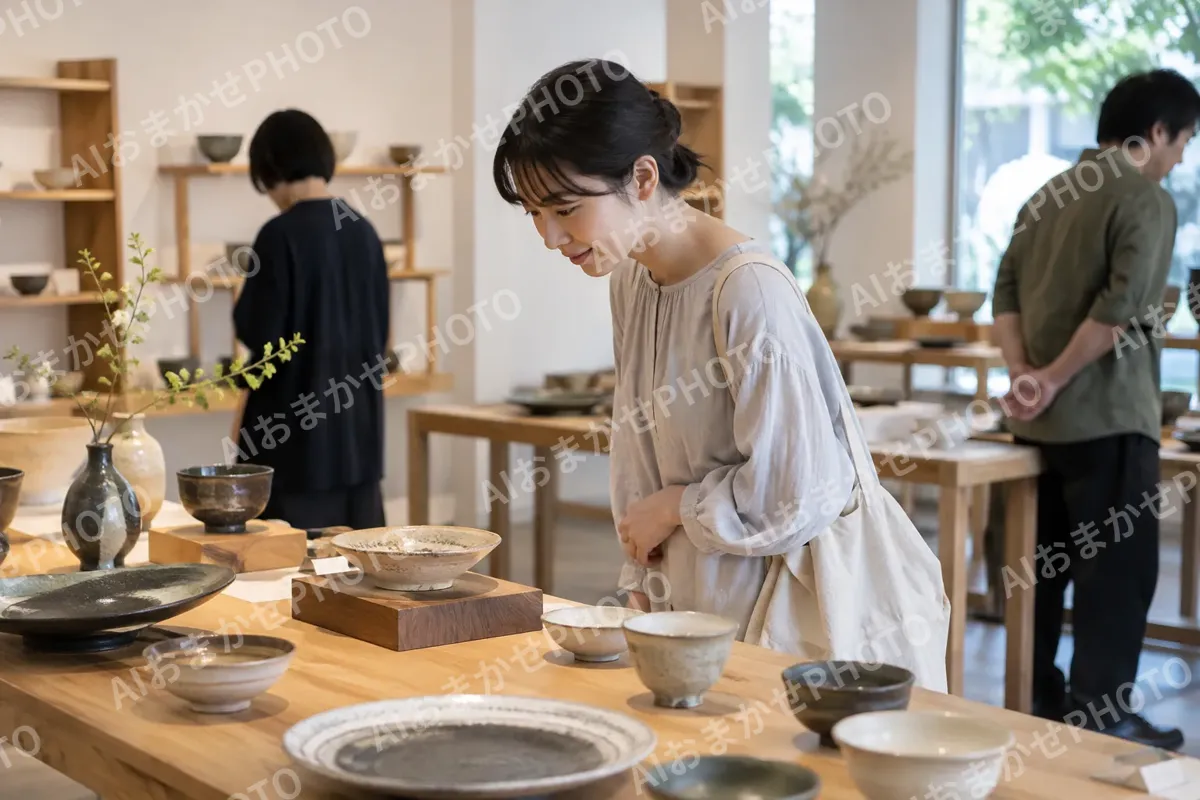 作家の器の展示を見るお客様（食器・キッチン用品の写真 No.32）