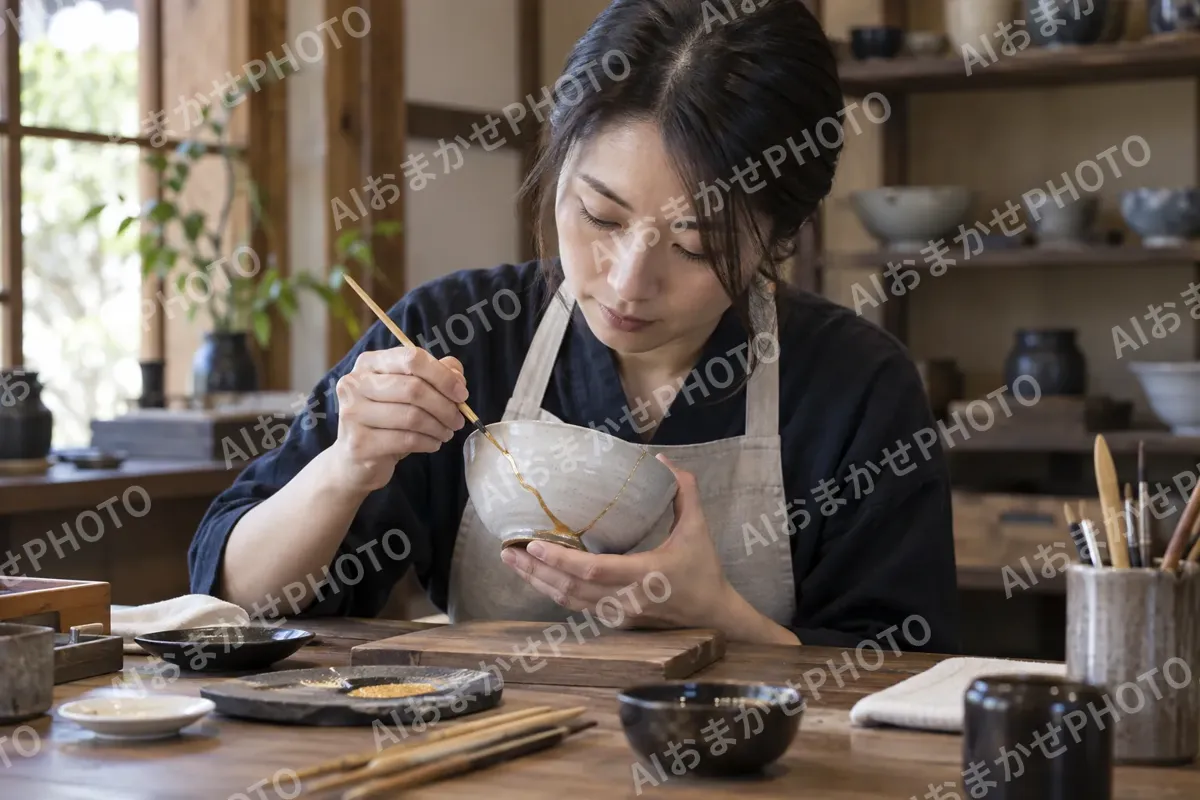 割れた器を金つぎで直す職人（食器・キッチン用品の写真 No.33）