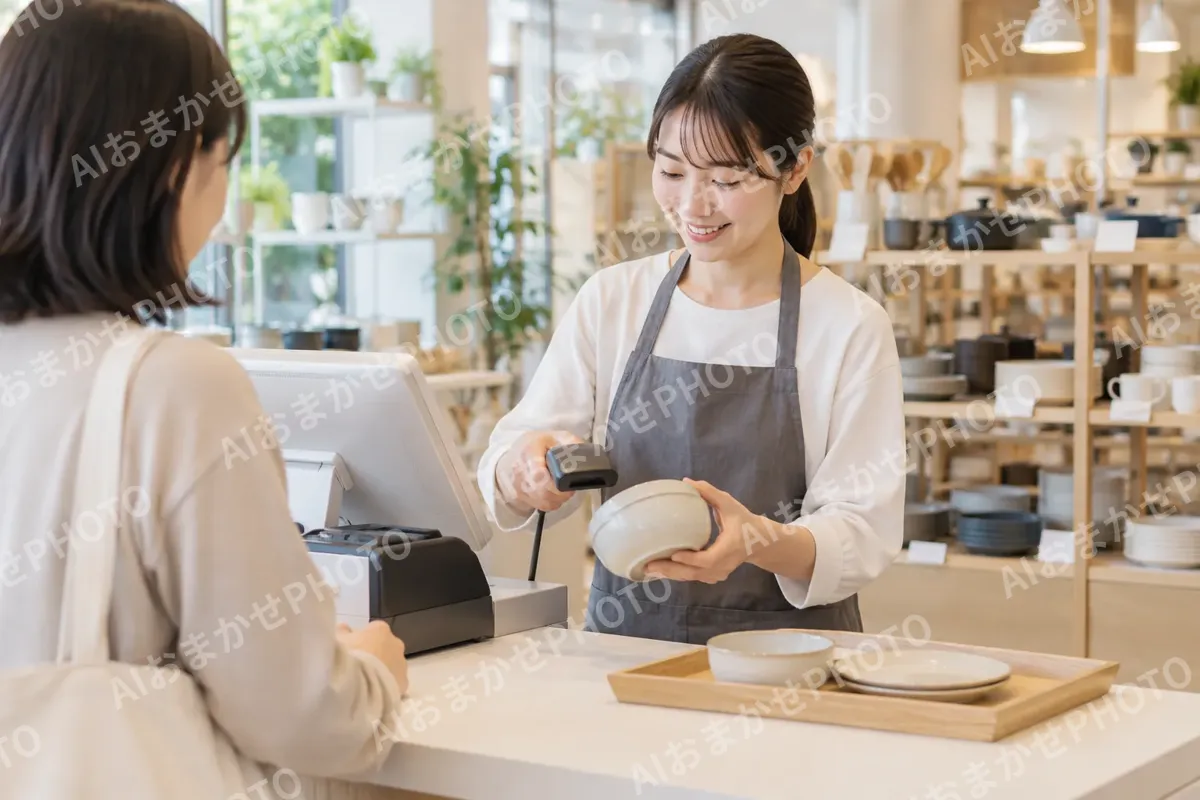 レジで会計をする店員（食器・キッチン用品の写真 No.34）