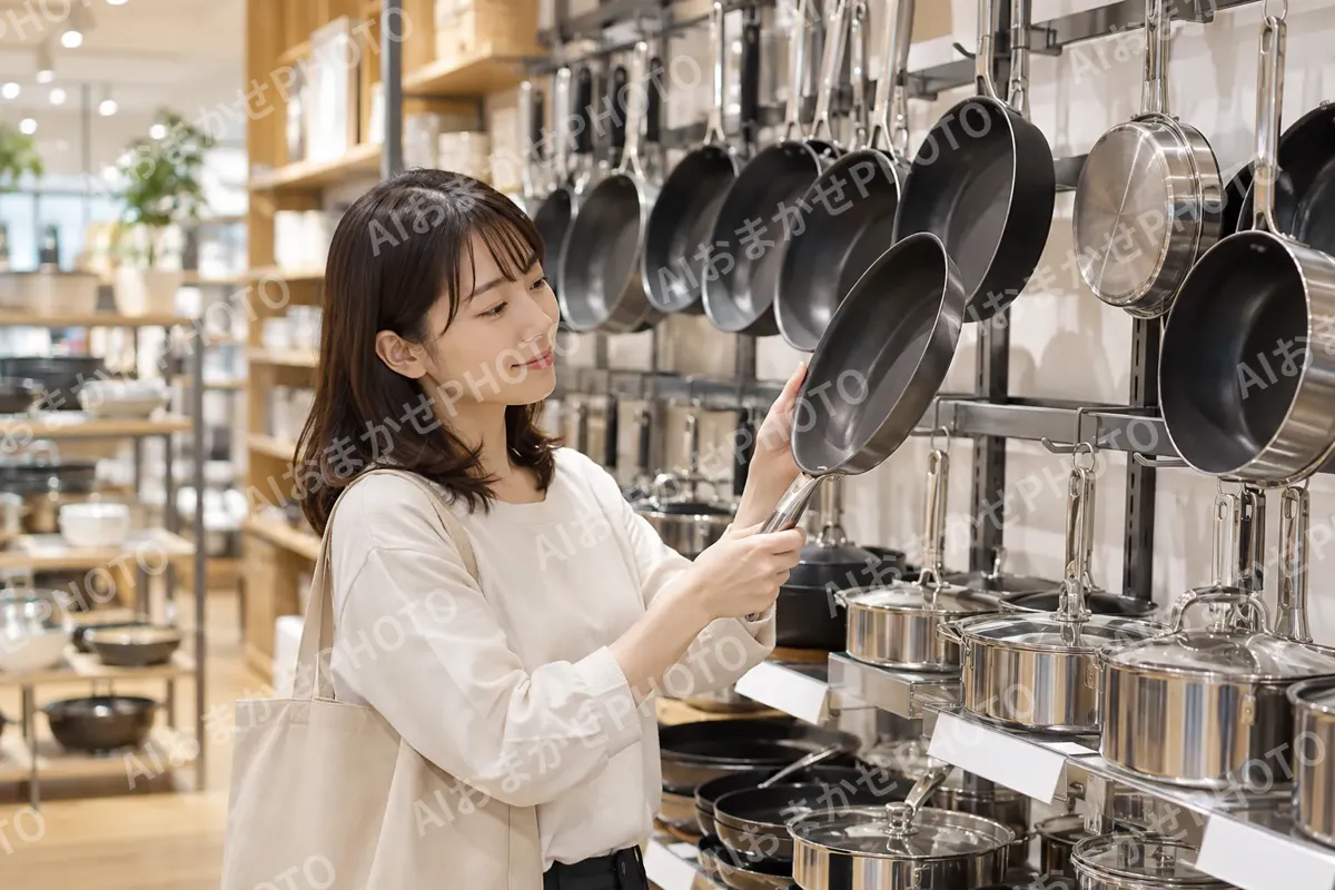 なべとフライパンがかかった売り場（食器・キッチン用品の写真 No.36）