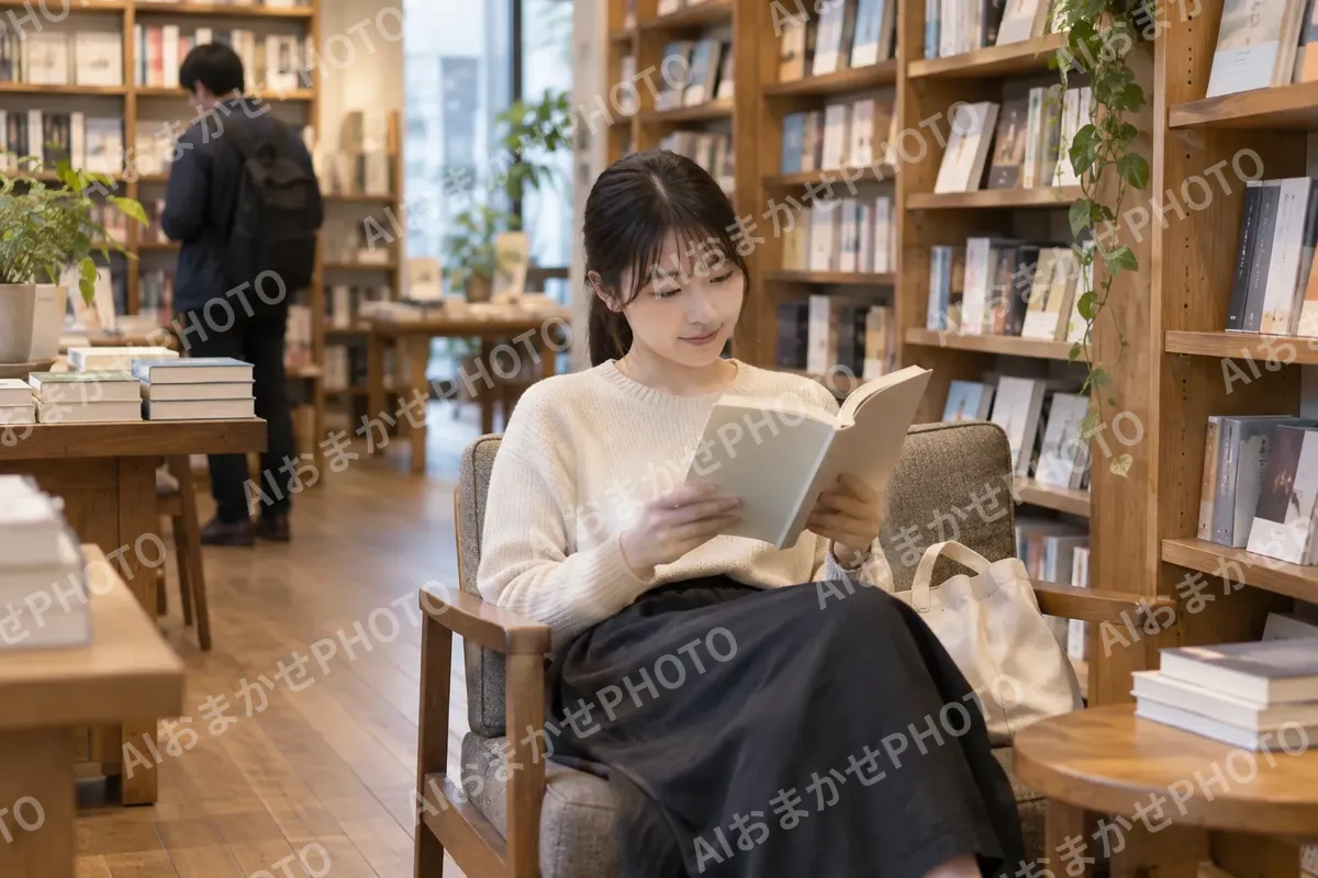 店の中のいすで本を読むお客様（書店・古書の写真 No.25）