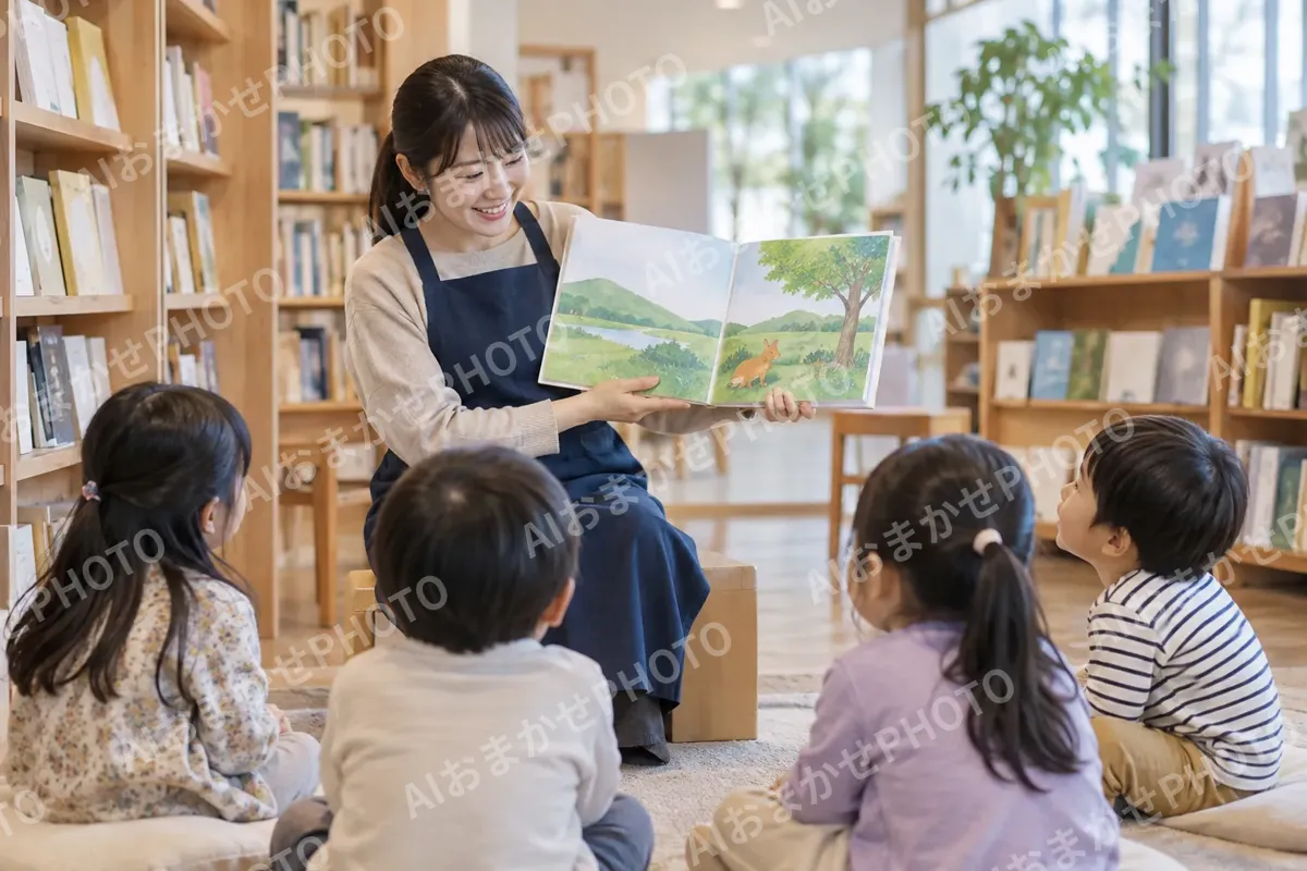 読み聞かせの会で絵本を読む店員と子どもたち（書店・古書の写真 No.26）