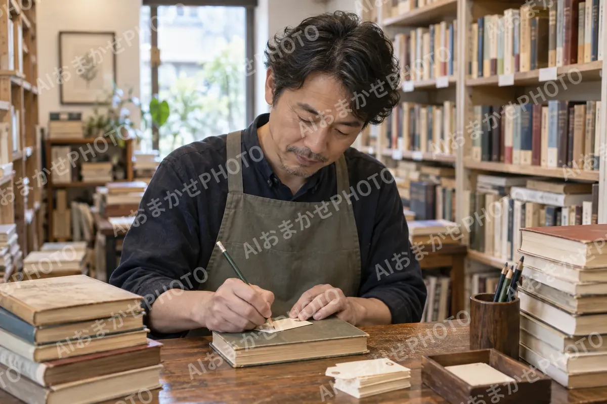 古書の値段を鉛筆で書きこむ店主（書店・古書の写真 No.28）