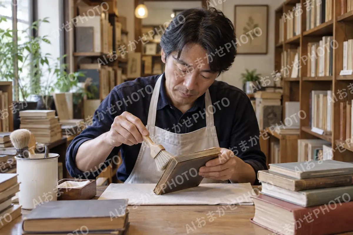 古い本のよごれを落とす店主（書店・古書の写真 No.29）