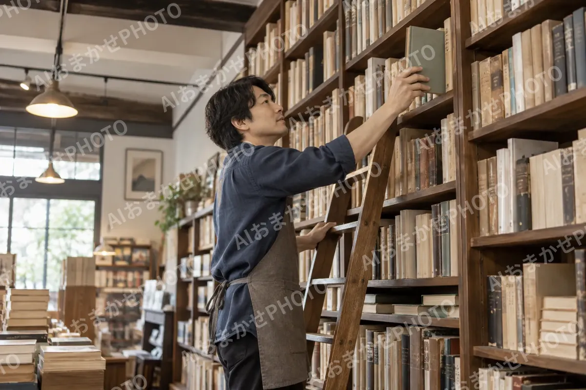 古書の棚からはしごで本を取る店主（書店・古書の写真 No.31）