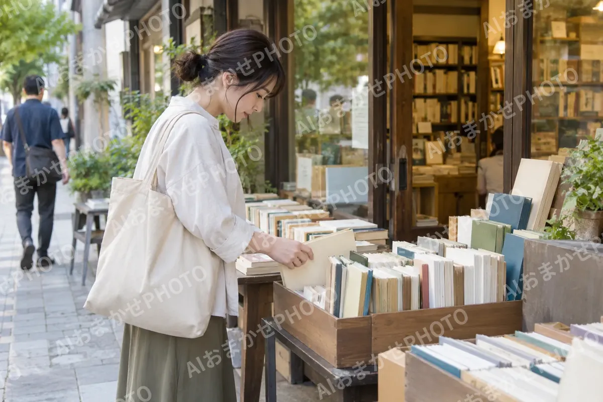 店先の台の本を見る通りがかりの人（書店・古書の写真 No.32）