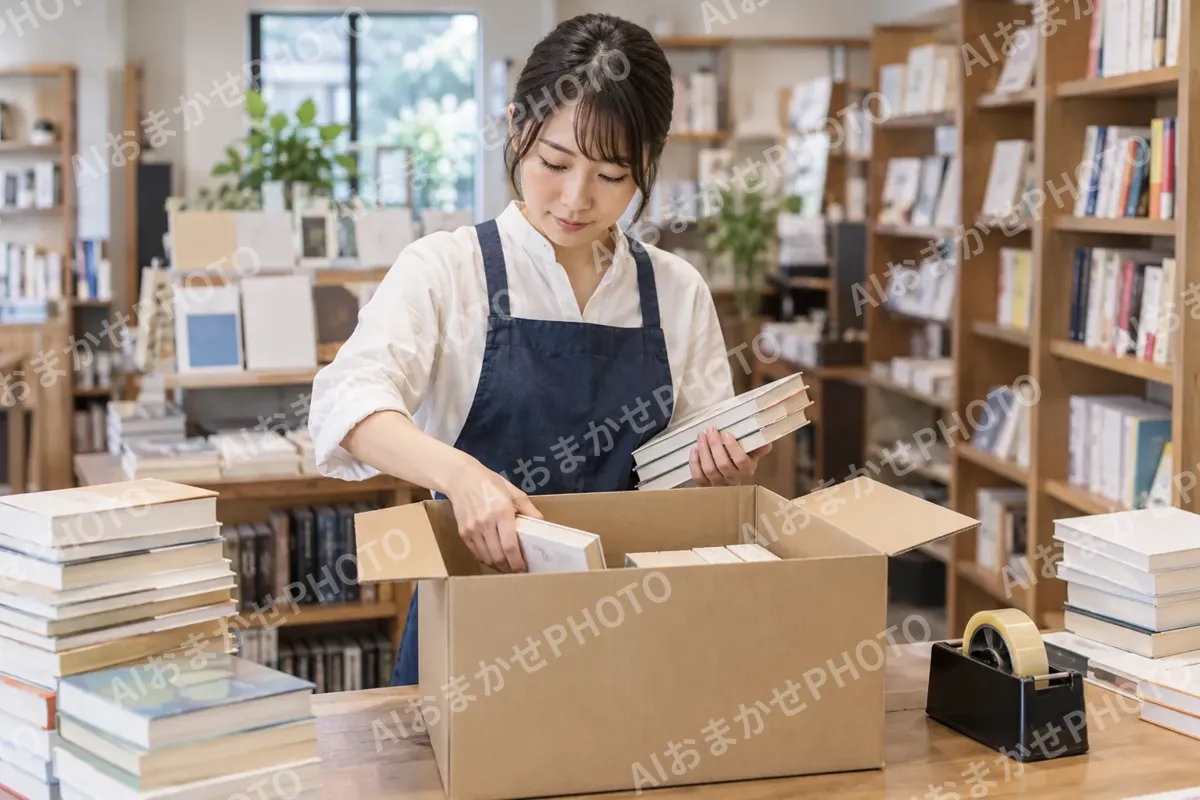 返品する本を箱につめる店員（書店・古書の写真 No.34）