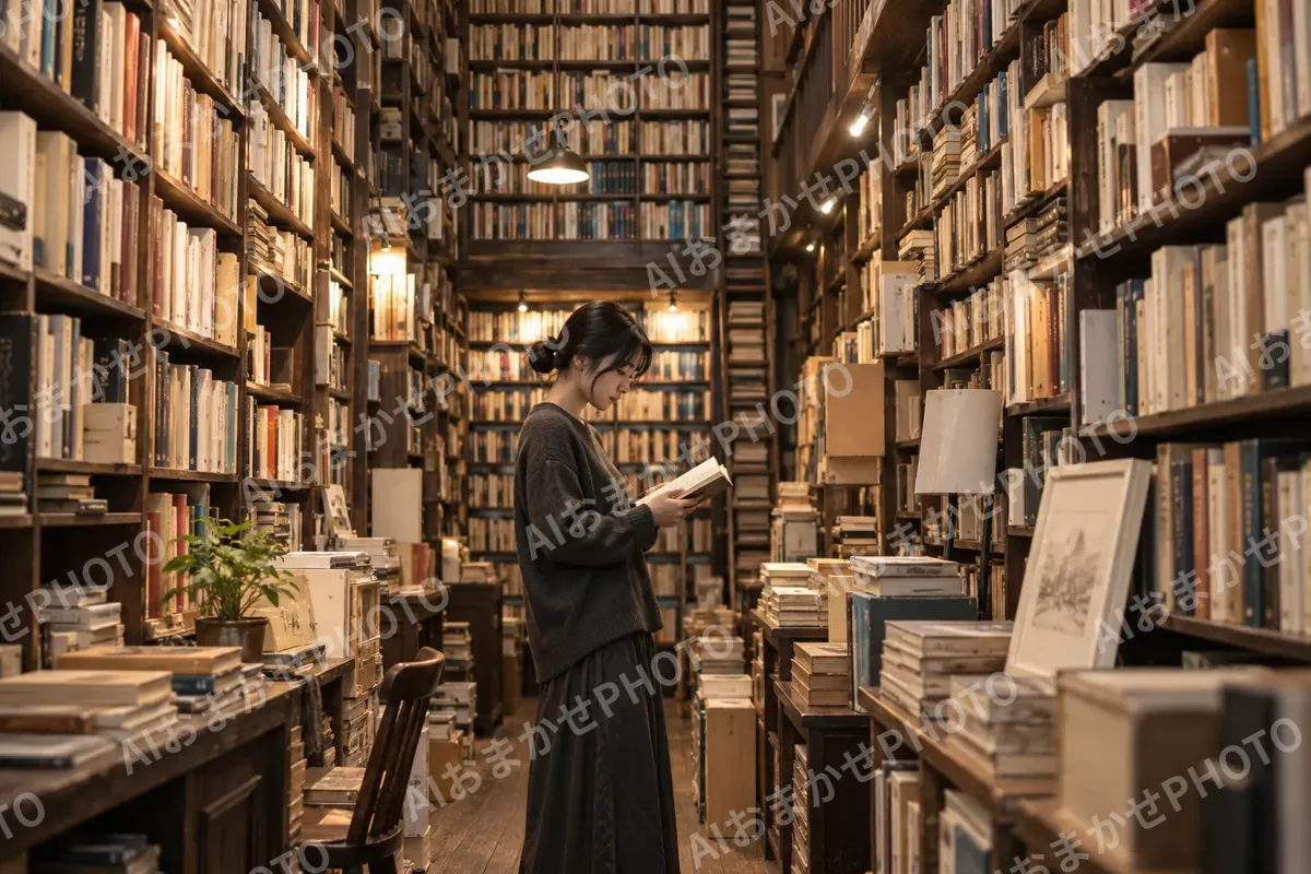 天井まで本が並んだ古書店の中（書店・古書の写真 No.35）