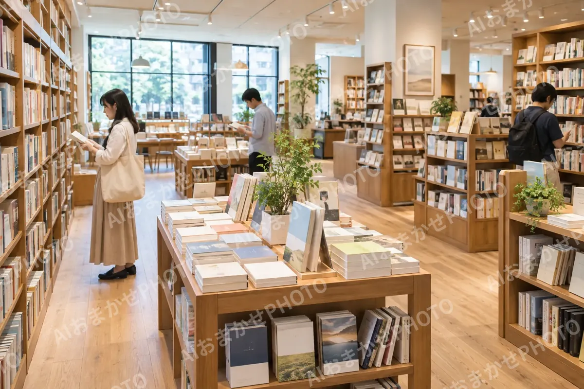 明るい書店の中の全体（書店・古書の写真 No.36）