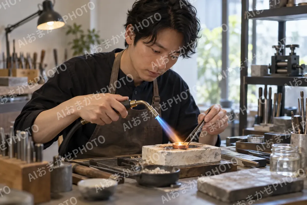 バーナーで金属をとかして細工をする職人（時計・宝飾の写真 No.26）