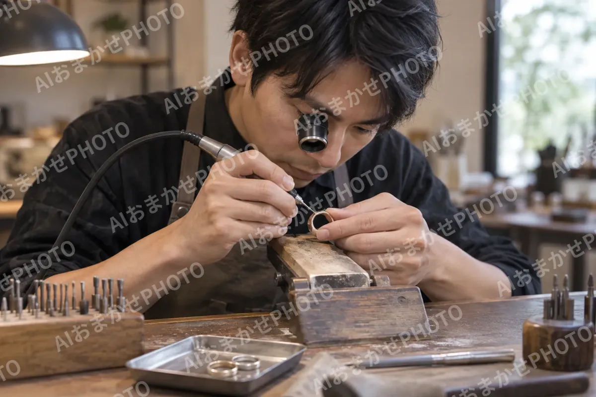指輪の内側に文字をほる職人（時計・宝飾の写真 No.27）