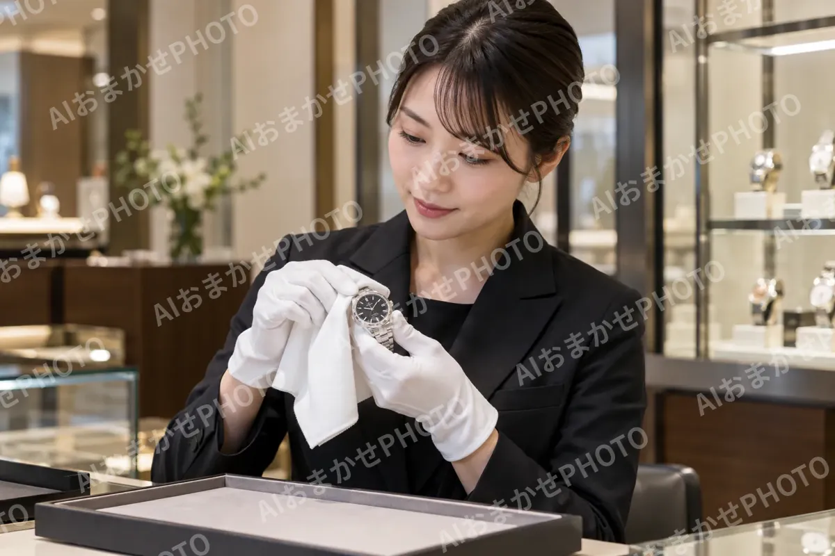白い手ぶくろで時計をふく店員（時計・宝飾の写真 No.33）