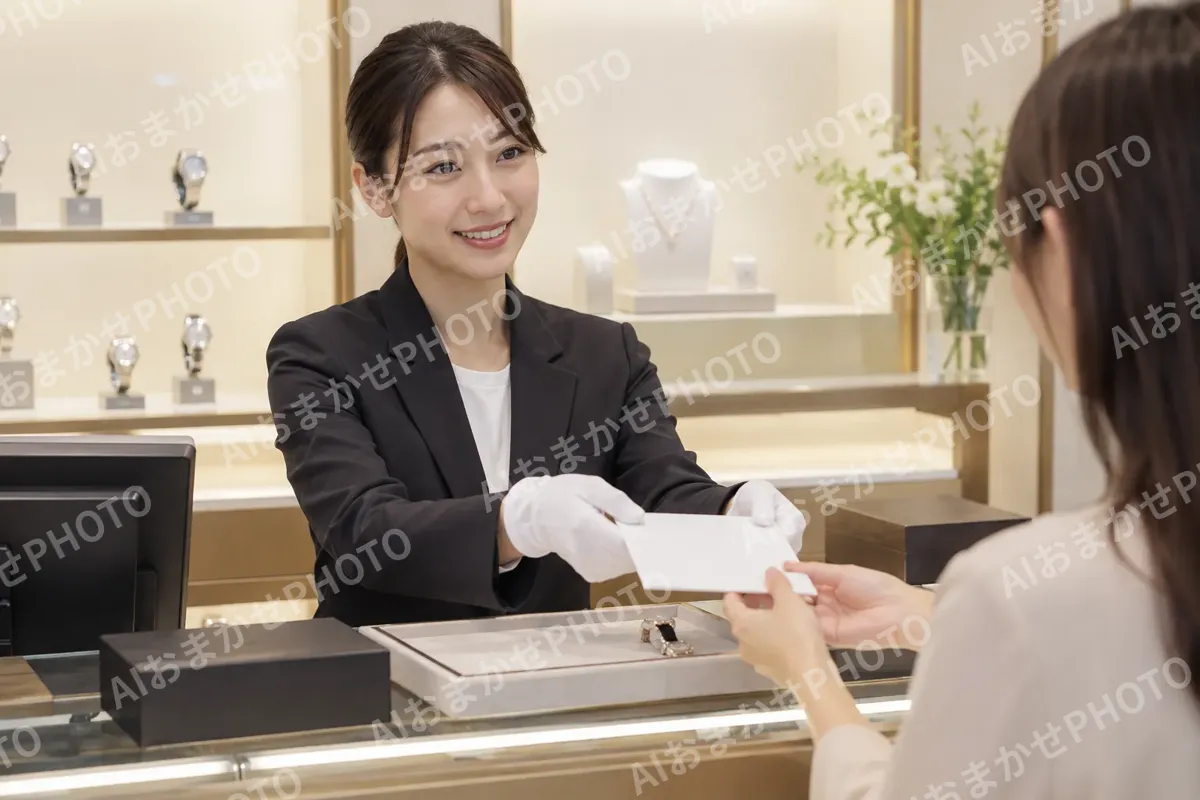 レジで保証書をわたす店員（時計・宝飾の写真 No.34）