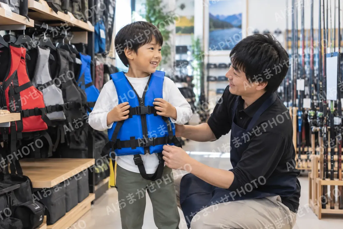 ライフジャケットを着てみる子どもと店員（釣具店・フィッシング用品の写真 No.25）