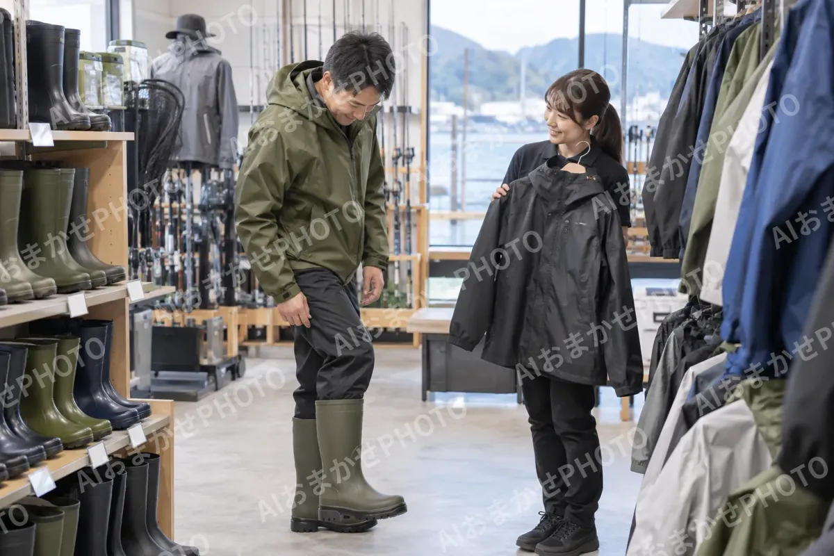 長ぐつと防水の服を選ぶお客様（釣具店・フィッシング用品の写真 No.26）
