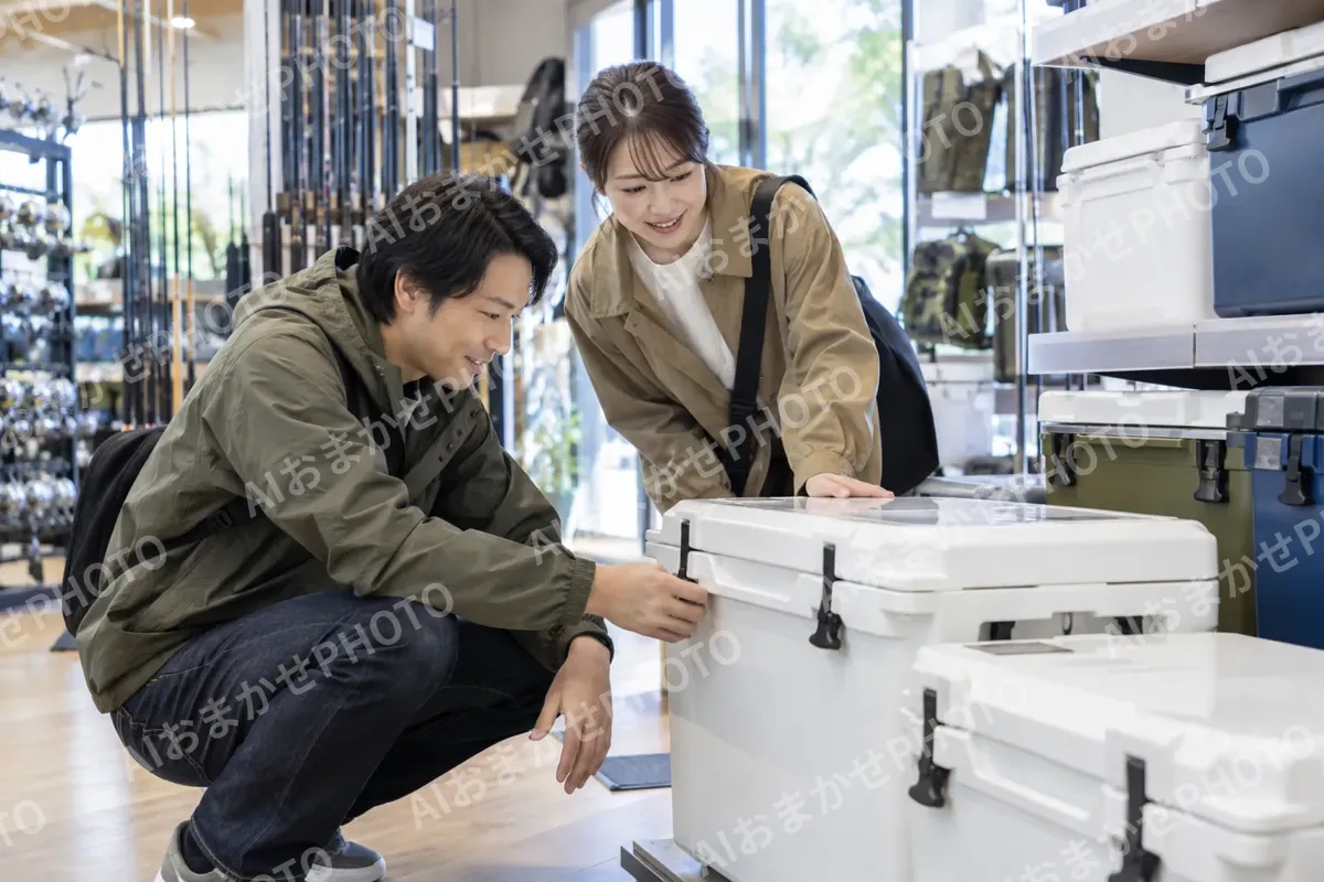 クーラーボックスを選ぶお客様（釣具店・フィッシング用品の写真 No.27）