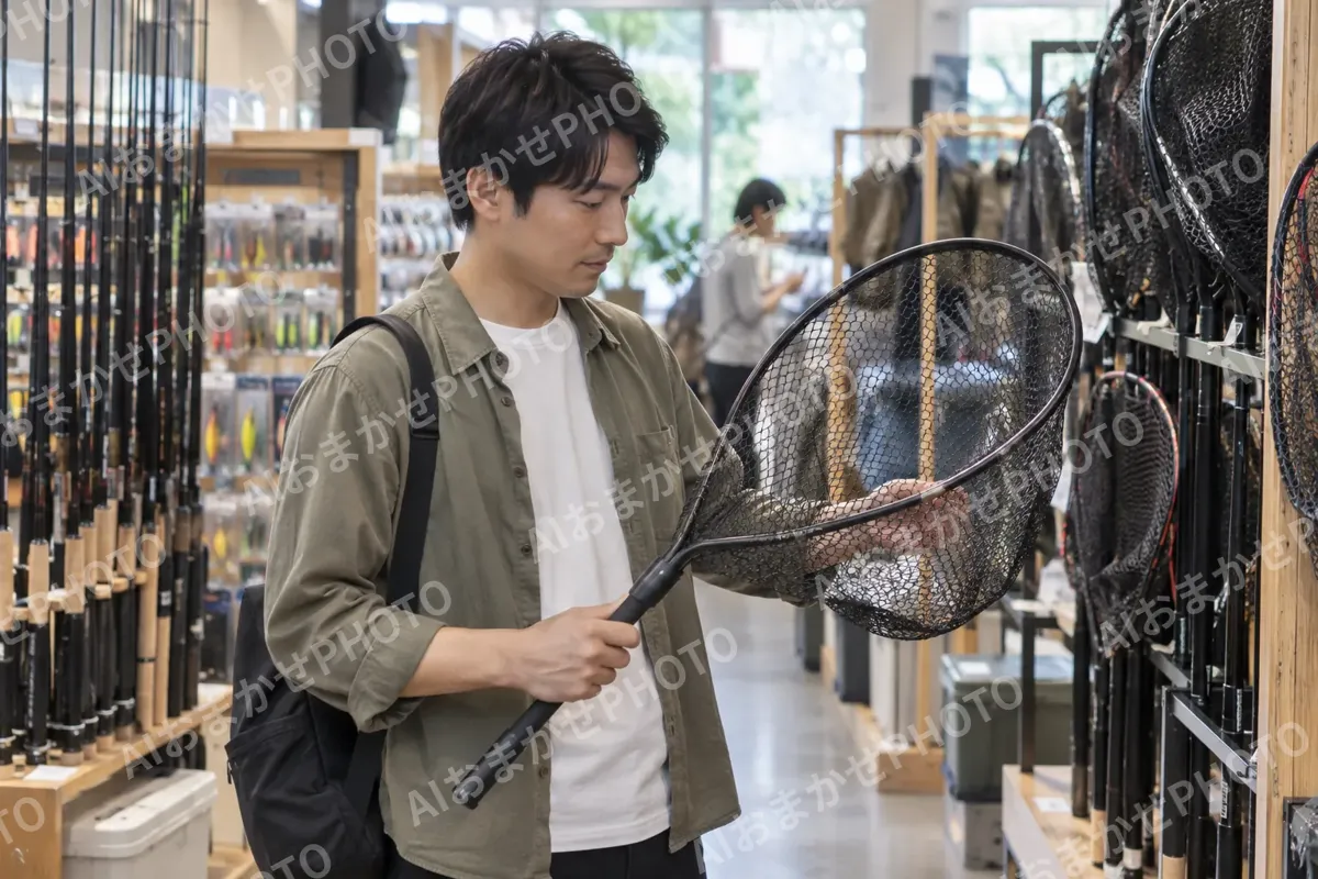 たも網を手に取って見るお客様（釣具店・フィッシング用品の写真 No.28）