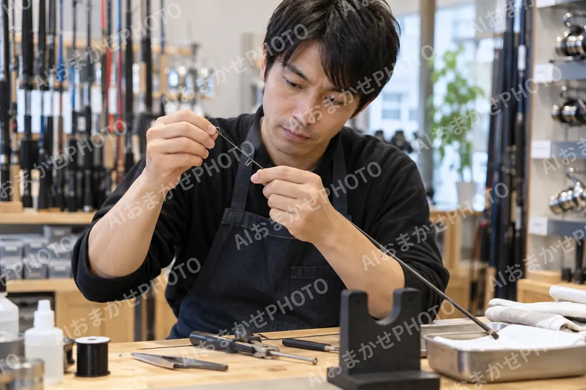 つりざおの先を修理する店員（釣具店・フィッシング用品の写真 No.29）