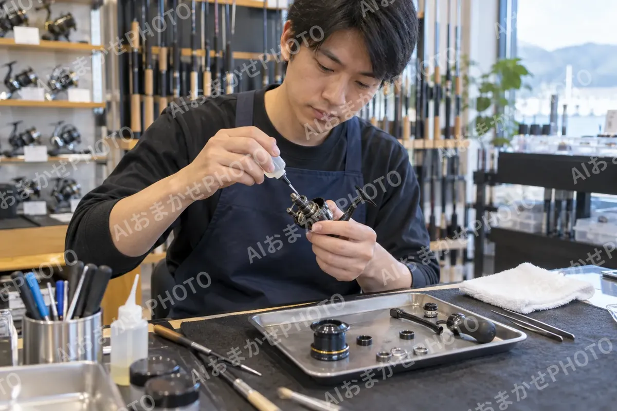 リールを分解して油をさす店員（釣具店・フィッシング用品の写真 No.30）