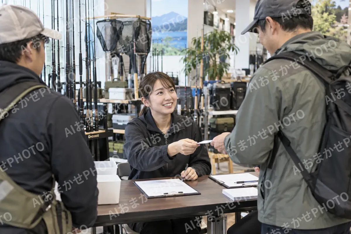 つりの大会の受付をする店員（釣具店・フィッシング用品の写真 No.33）