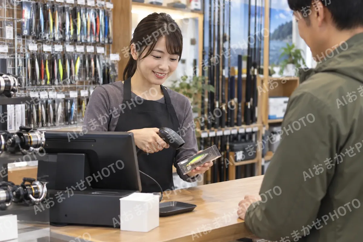 レジで会計をする店員（釣具店・フィッシング用品の写真 No.34）