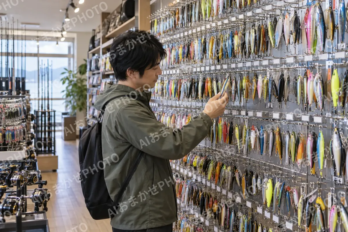 ルアーが壁いっぱいにかかった売り場（釣具店・フィッシング用品の写真 No.36）