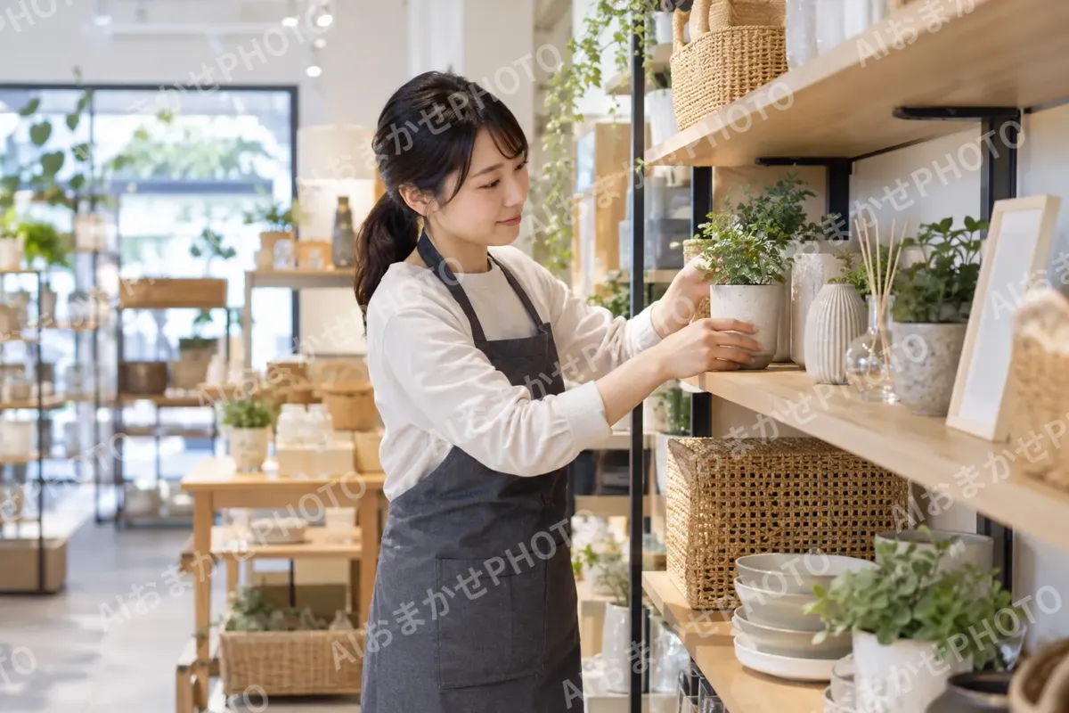 棚の品物のならべ方をかえる店員（雑貨・インテリア小物の写真 No.28）