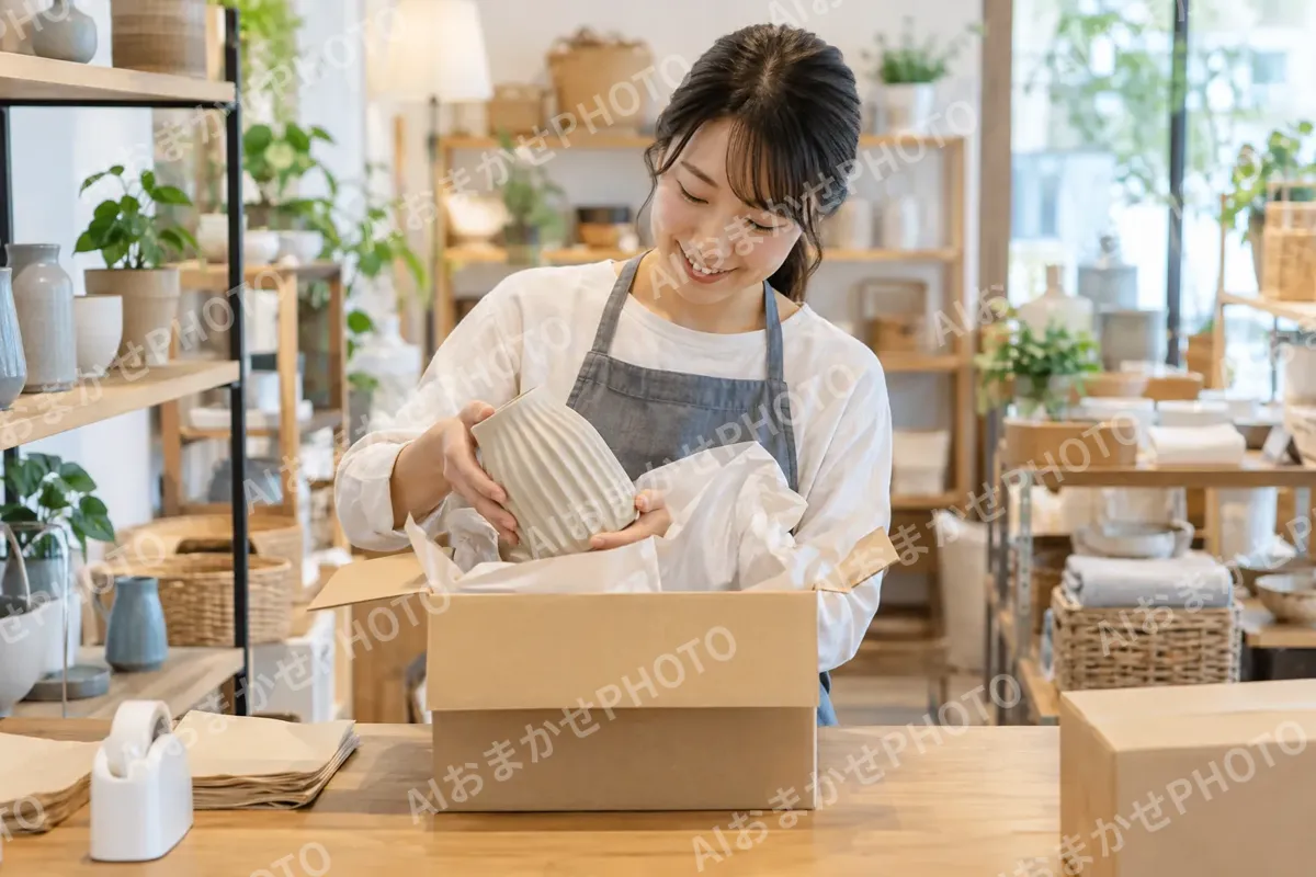 届いた品物を箱から出す店員（雑貨・インテリア小物の写真 No.29）