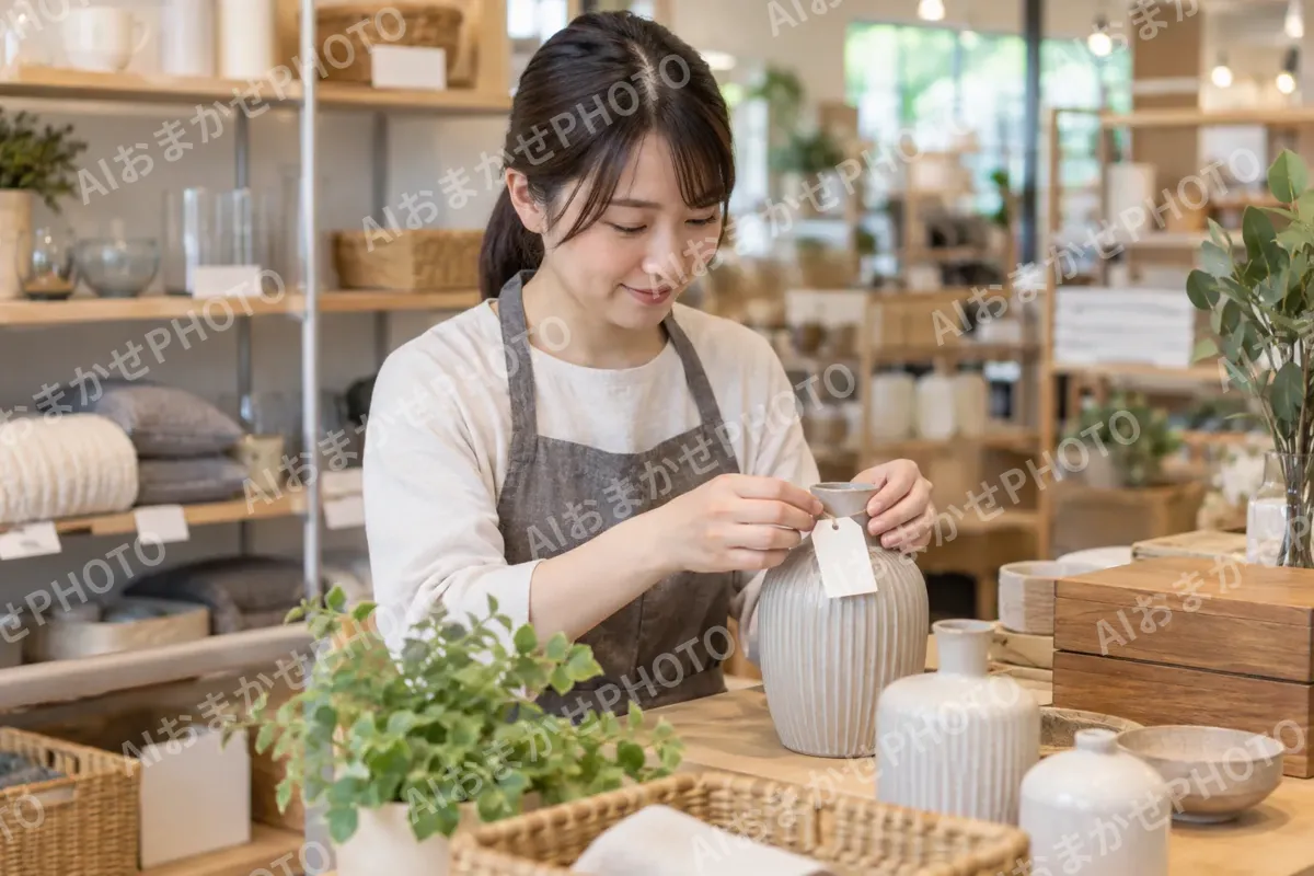 値ふだを品物につける店員（雑貨・インテリア小物の写真 No.30）
