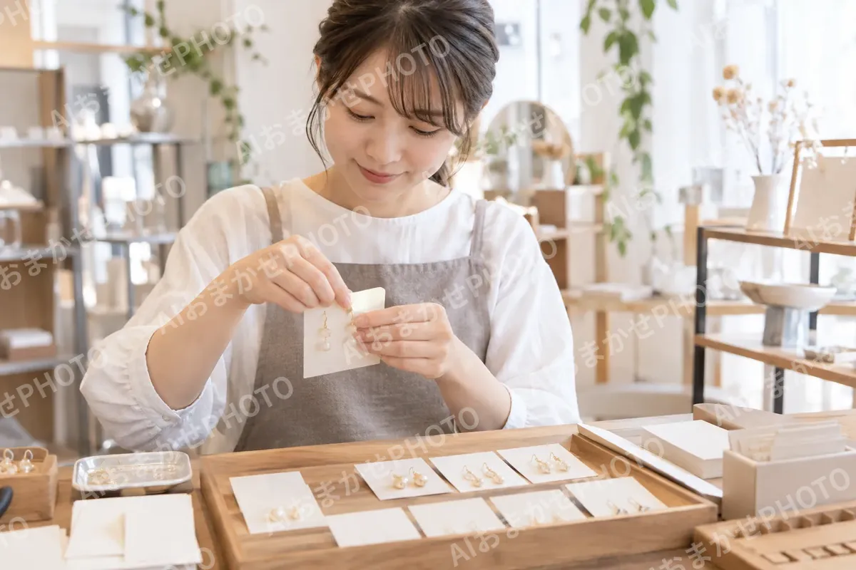 アクセサリーを台紙につける店員（雑貨・インテリア小物の写真 No.31）