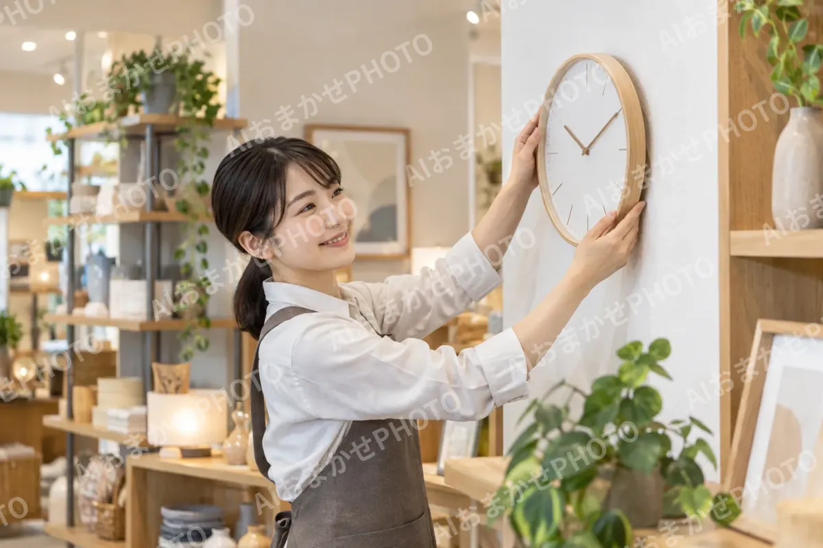 時計を壁にかけて見せる店員（雑貨・インテリア小物の写真 No.37）