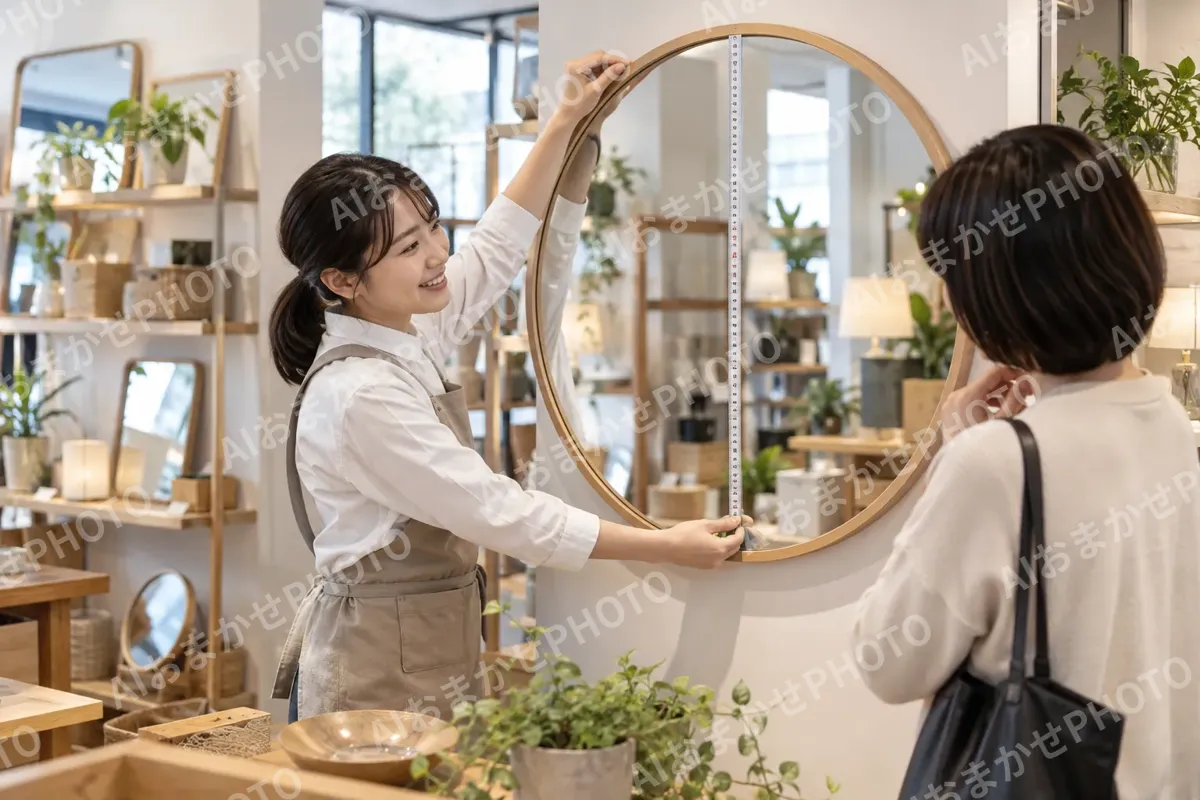 鏡の大きさを測る店員とお客様（雑貨・インテリア小物の写真 No.38）