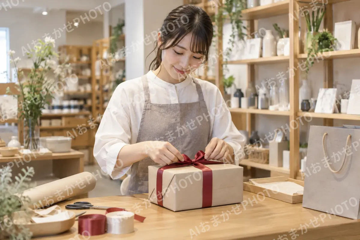 贈り物をリボンで包む店員（雑貨・インテリア小物の写真 No.40）