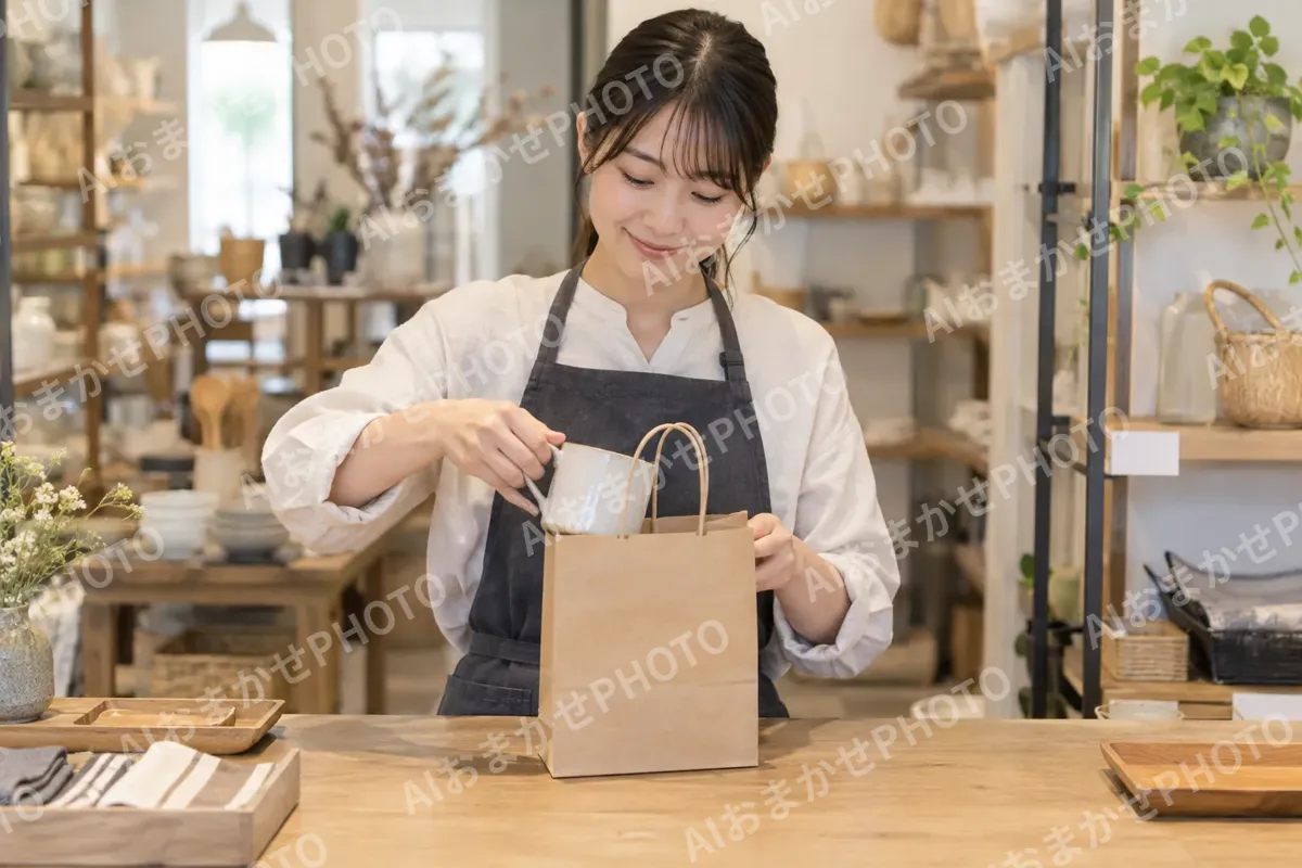 小さな紙ぶくろに品物を入れる店員（雑貨・インテリア小物の写真 No.41）