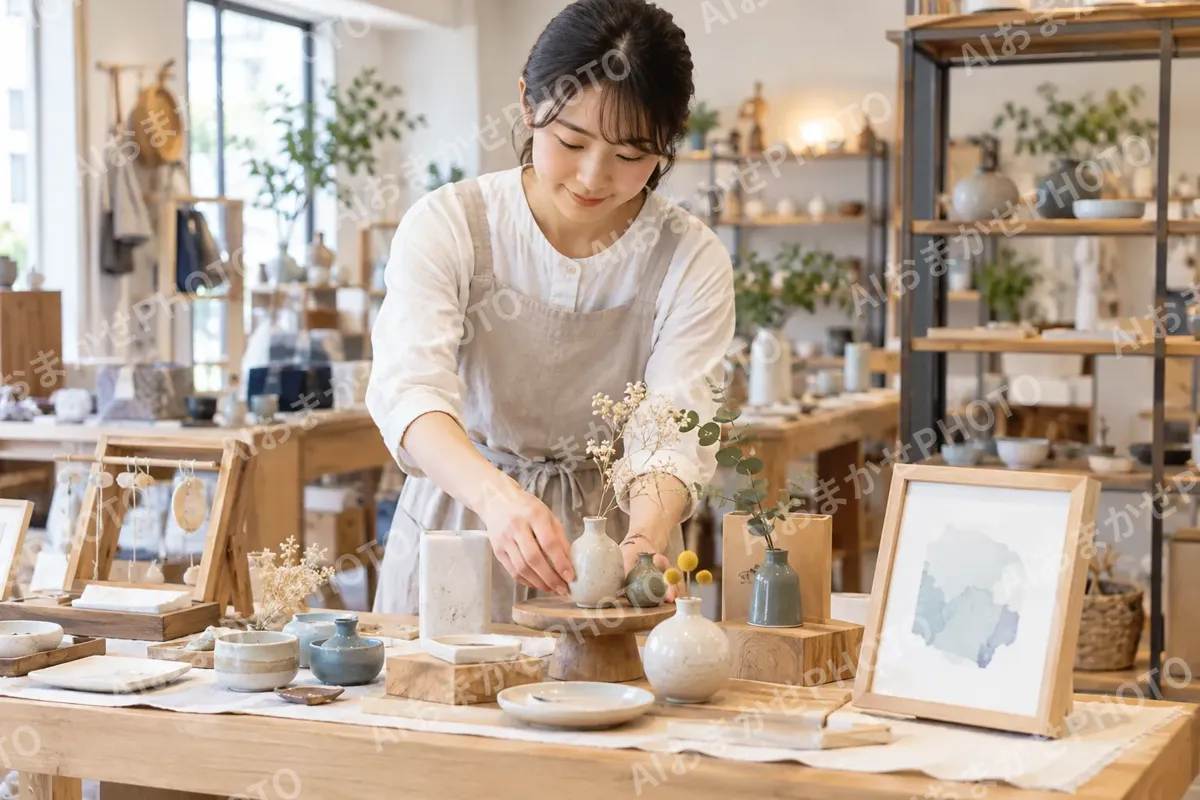 作家の作品を展示するコーナーをととのえる店員（雑貨・インテリア小物の写真 No.42）