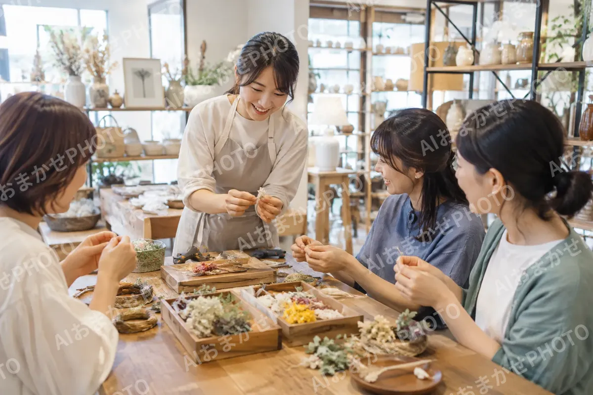 店の中の机で小物を作る講習をする店員と参加者たち（雑貨・インテリア小物の写真 No.43）