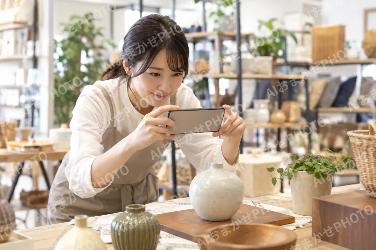 スマホで商品の写真を撮る店員（雑貨・インテリア小物の写真 No.44）