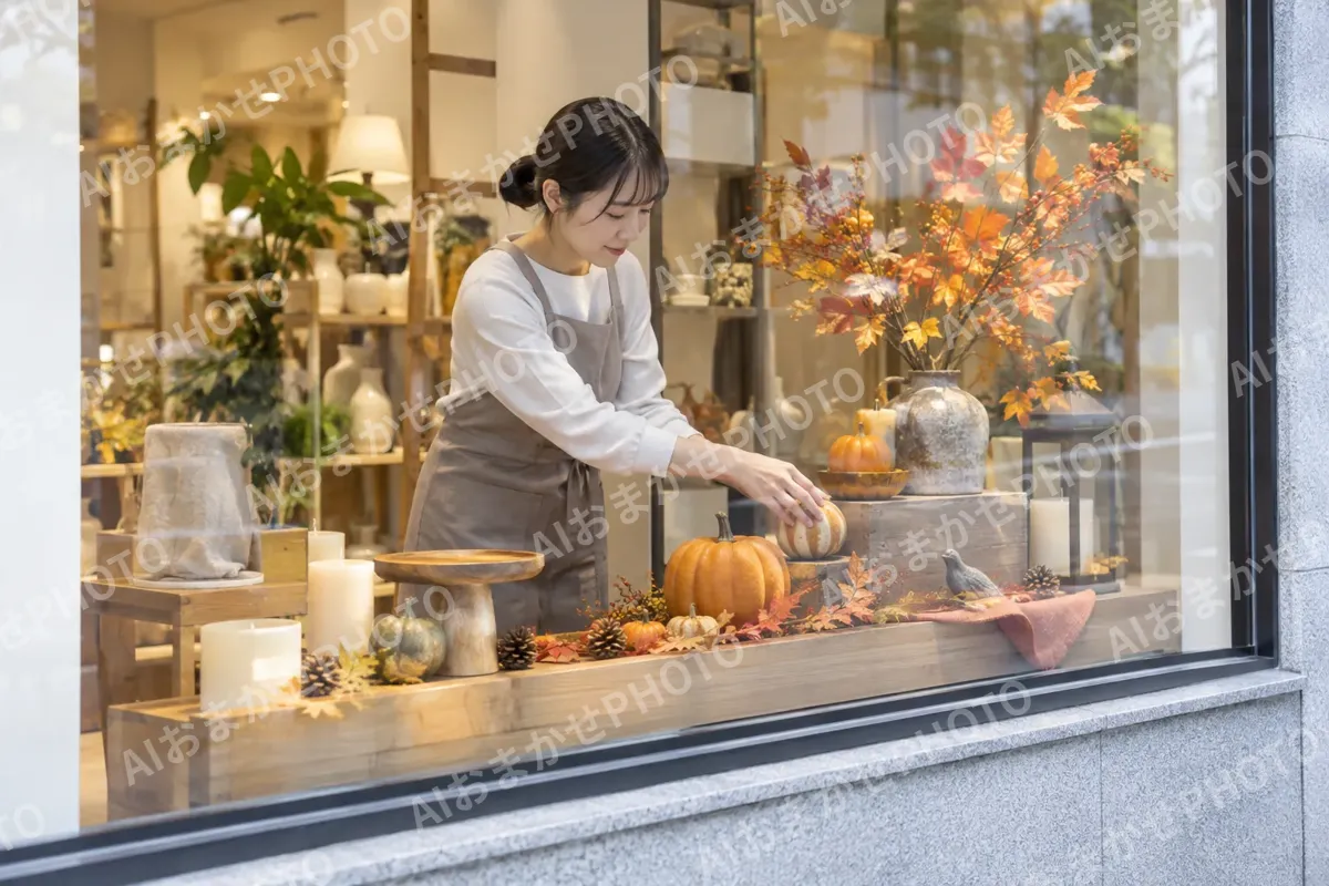 ショーウィンドウを季節のかざりにかえる店員（雑貨・インテリア小物の写真 No.45）