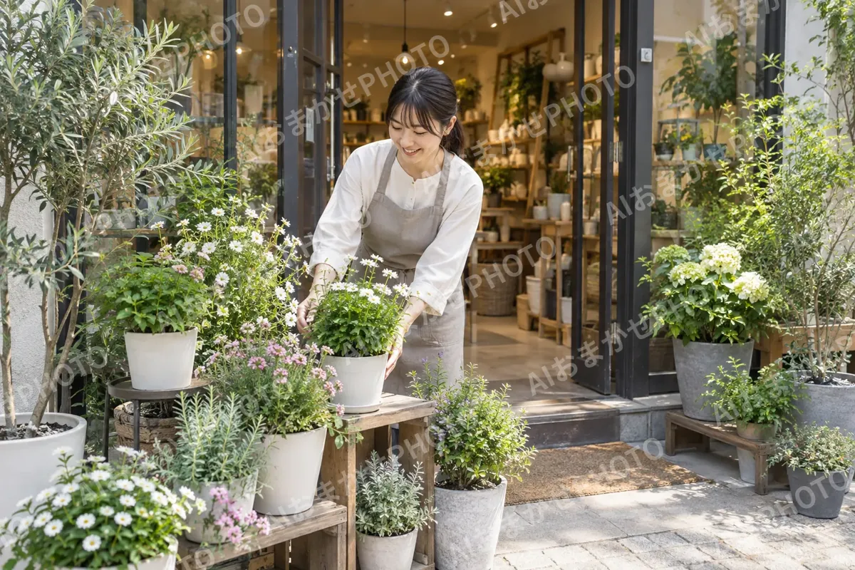 店の入口と外にならべた鉢植え（雑貨・インテリア小物の写真 No.48）
