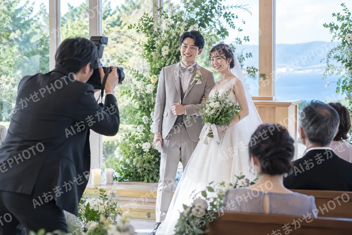 結婚式で新郎新婦を撮影するカメラマン（映像制作の写真 No.25）