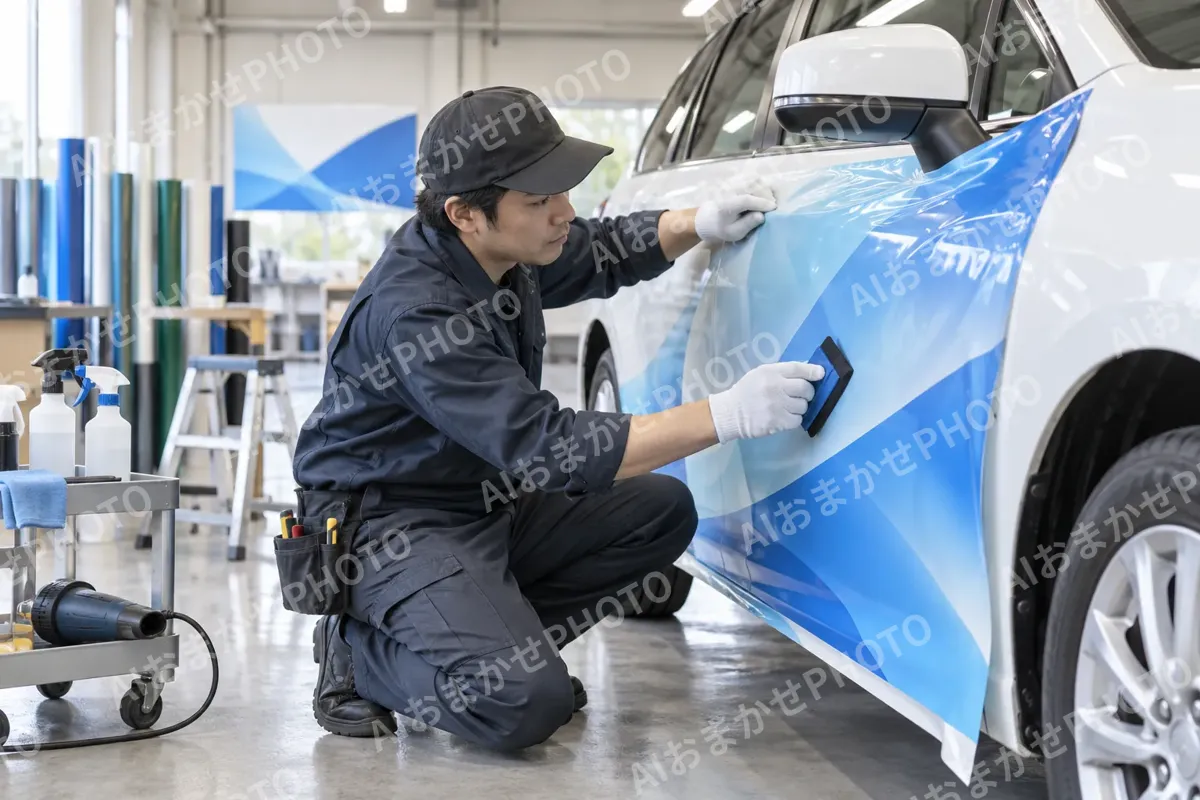 車にシートをはる職人（印刷・看板の写真 No.25）