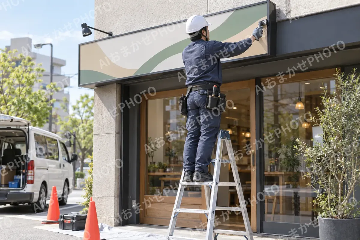 脚立に乗って店の看板を取り付ける職人（印刷・看板の写真 No.27）