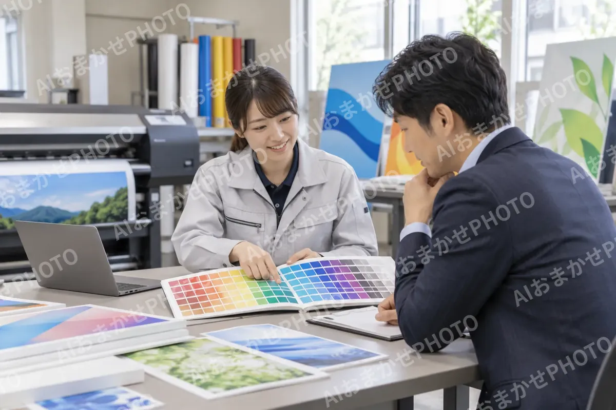 色見本を見ながら打ち合わせをする社員とお客様（印刷・看板の写真 No.30）