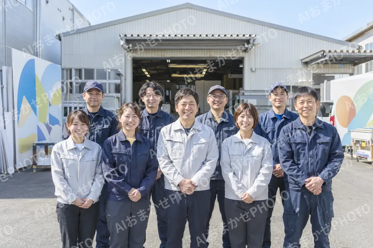 工場の前に並んだ社員の集合写真（印刷・看板の写真 No.35）