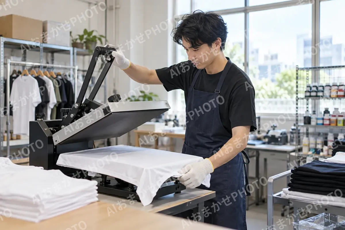 Tシャツに印刷をする機械を操作する技術者（印刷・看板の写真 No.37）