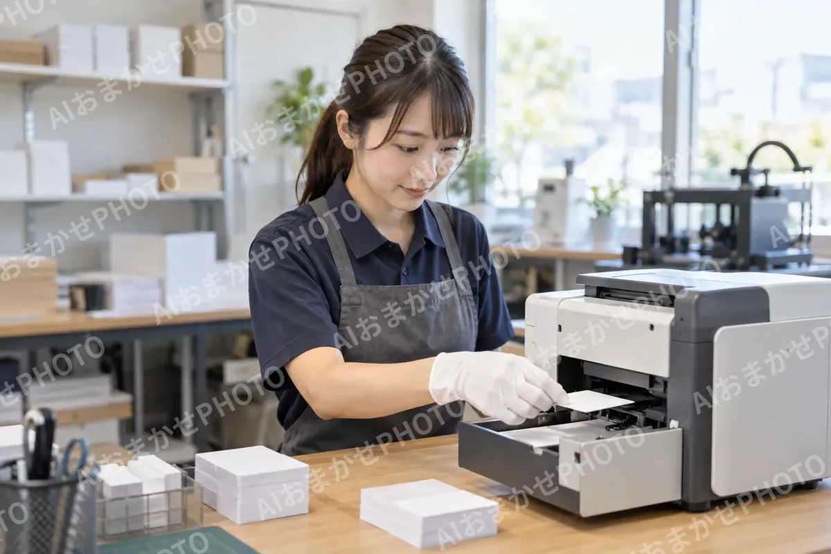 名刺を小さな機械で印刷する技術者（印刷・看板の写真 No.39）