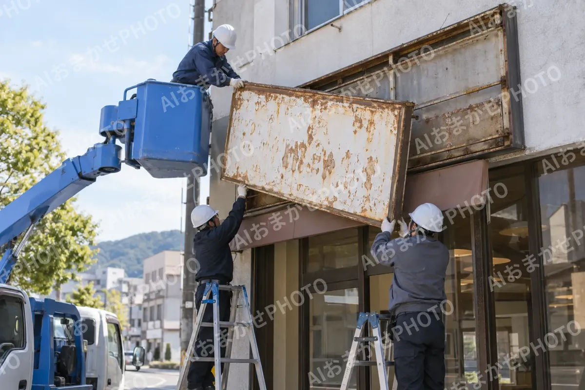 古い看板を取り外す職人たち（印刷・看板の写真 No.51）