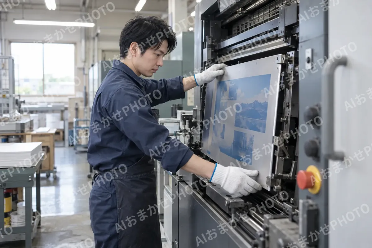 印刷の版を機械に取り付ける技術者（印刷・看板の写真 No.56）