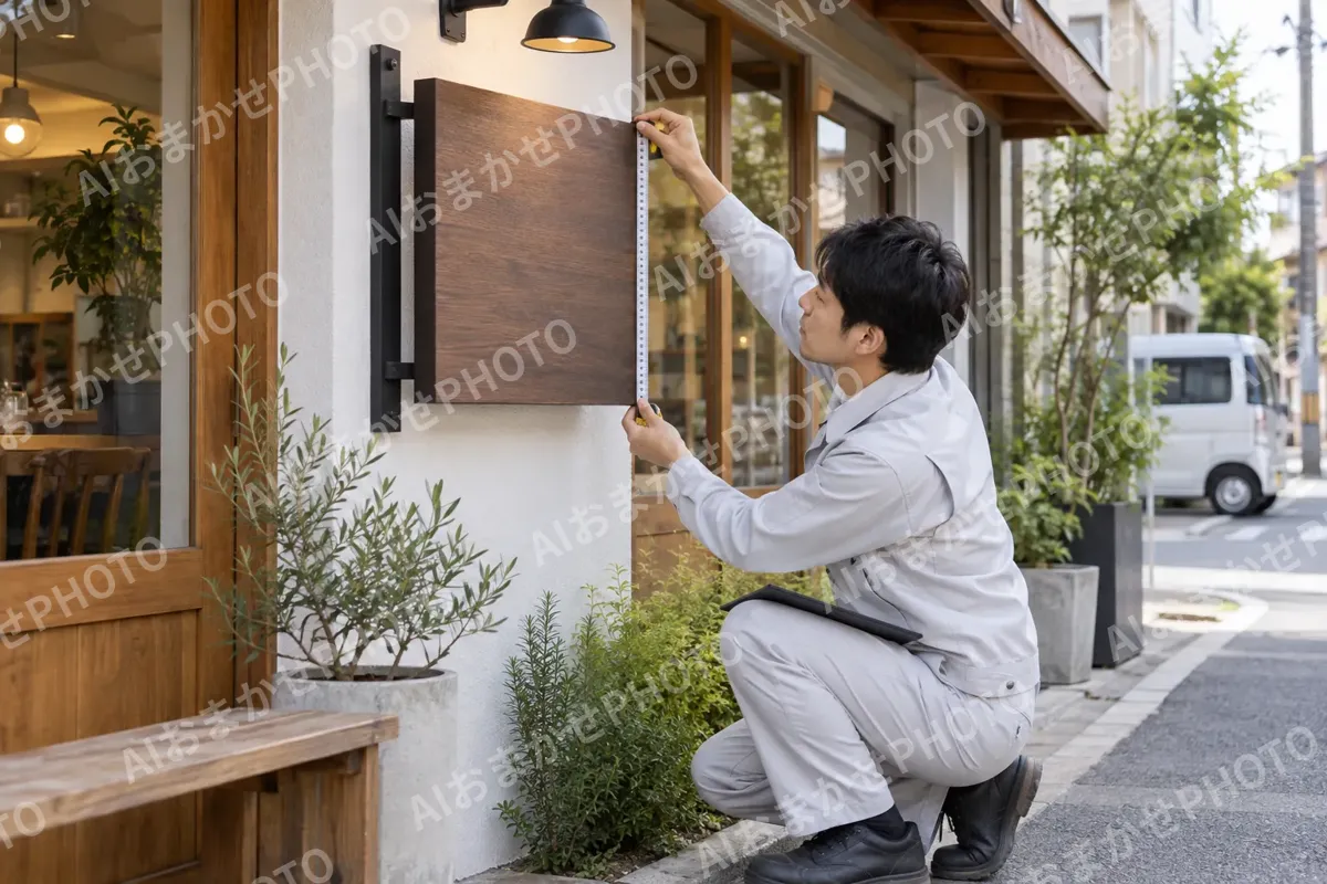 お客様の店で看板の寸法を測る社員（印刷・看板の写真 No.59）